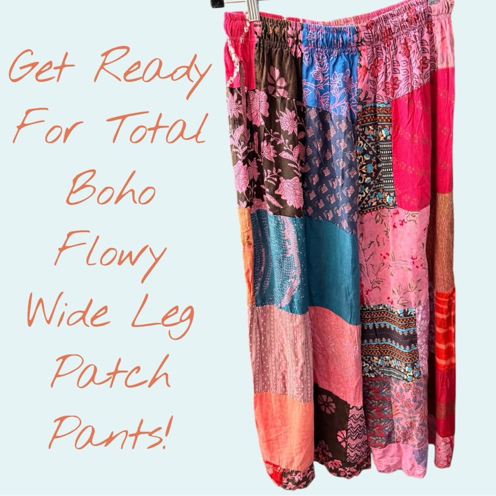 Boho Flowy Wide Leg Patch Pants - image 1